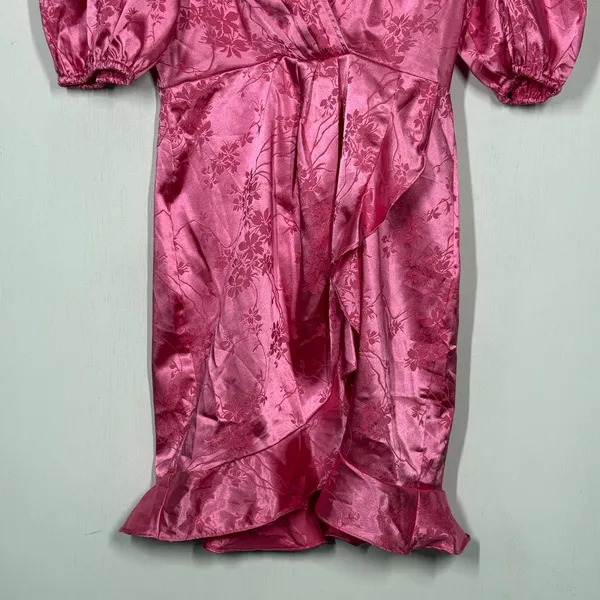 Elevator Disco Mini Dress Womens Size Small Pink Floral Surplice Neck Ruffle Hem - Image 4