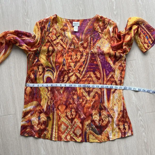 Chicos Blouse Womens Size 2 Large Multicolor Silk Sheer Beaded Tunic Top Boho - Image 11