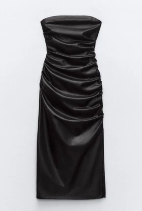 ZARA Faux Leather Strapless Black Dress NWT Size XS Midi Side Slit Zip Slimming - Image 14