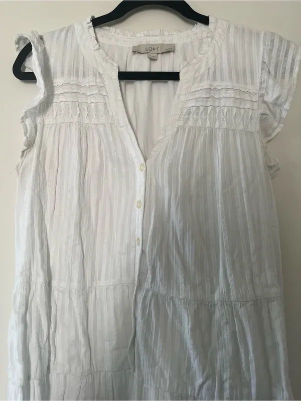 Loft White 100% Cotton Tiered Mini Dress Large Petite Ruffle Coastal Euro Summer - Image 3