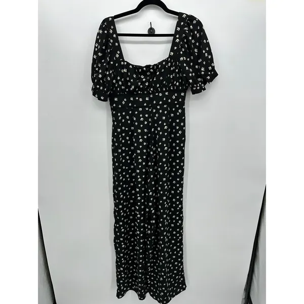 Lulus Black Floral Milkmaid Jumpsuit Sz M Puff Sleeve Wide‎ Leg Square Neck - Image 2