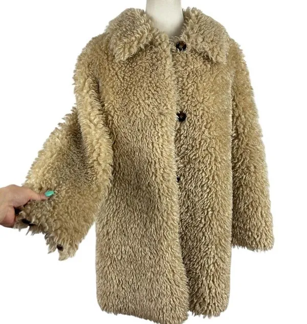 Zara Faux Fur Long Teddy Sherpa Jacket Coat Natural Beige Size Small 8490/241 - Image 5