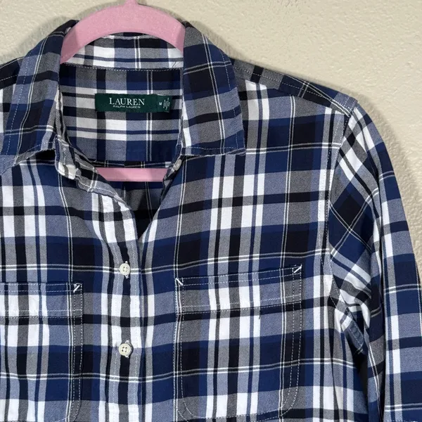 Lauren Ralph Lauren Blue Plaid Button Down Shirt Womens M Fall Preppy Classic - Image 8