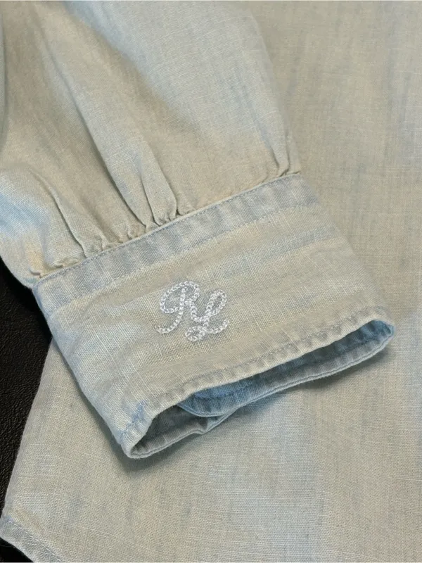 Ralph Lauren RUFFLE-TRIM CHAMBRAY Button Up Cotton SHIRT in light denim - Image 14