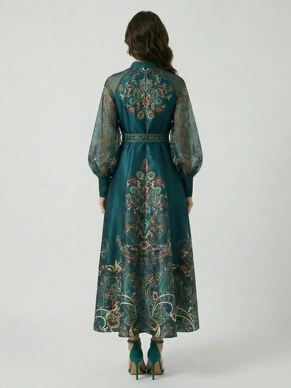 NWT DALIA MACPHEE Long Sleeve Mock Neck Printed Maxi Dress Small Belted Green - Image 4