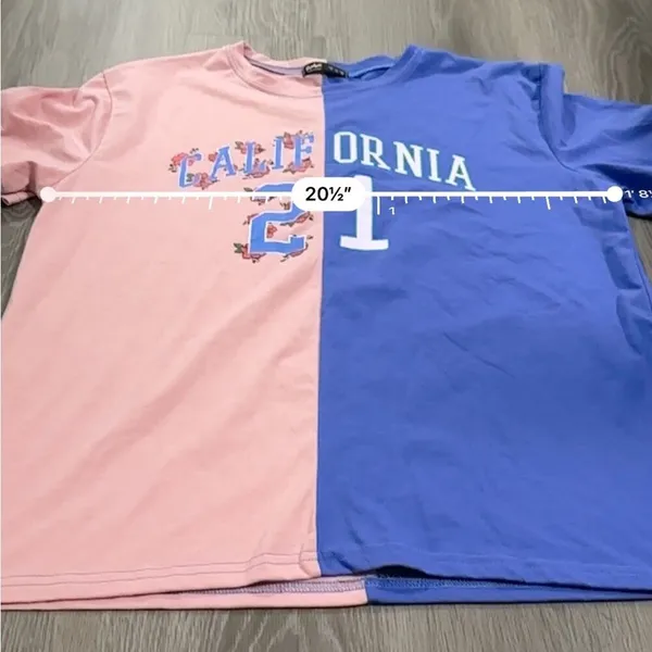 Romwe Pink & Blue Divided Colorblock California 21 Graphic Short‎ Sleeve Shirt S - Image 6