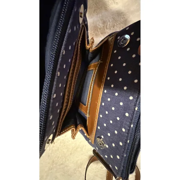 Chaps Navy Blue Polka Dot Crossbody Bag Brown Trim Canvas Small Messenger Purse - Image 10