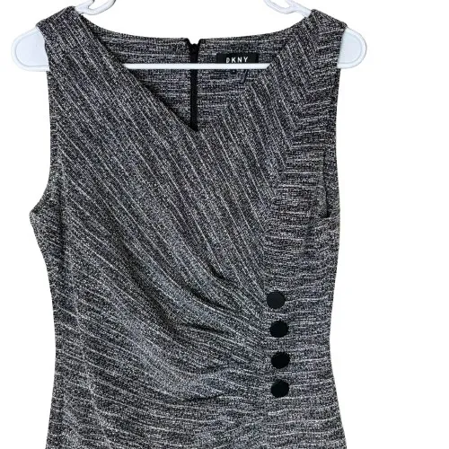 DKNY Tweed Sheath Dress Black Gray Side Button Sleeveless V-Neck Chic Size‎ 10 - Image 2