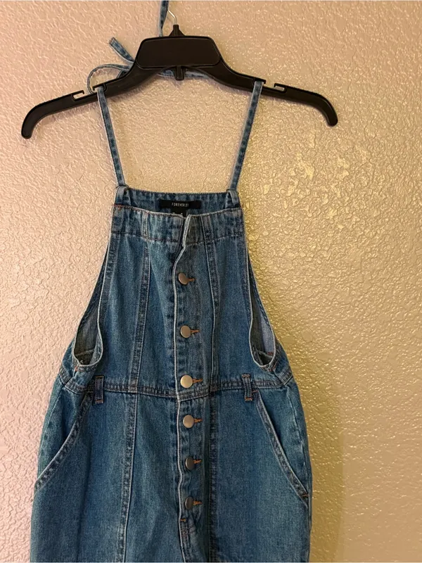 Forever 21 Denim Button Front Distressed Cropped Overalls Jumpsuit M - Image 9