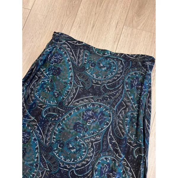 Vintage 90s Rayon Paisley Maxi Skirt Navy Teal‎ Green Floral Herringbone Size 12 - Image 2