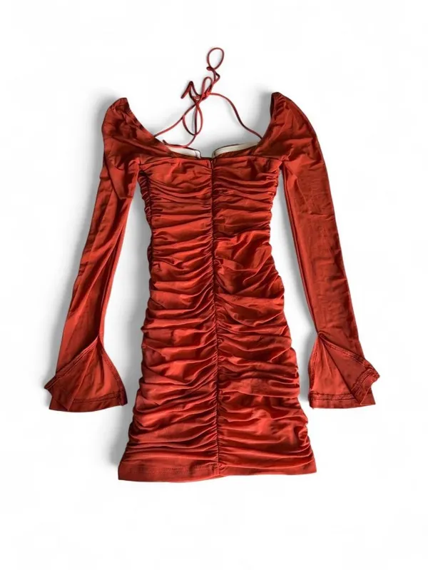 NWOT Hello Molly Rust Red Ruched Long Sleeve Mini Dress Small - Image 5