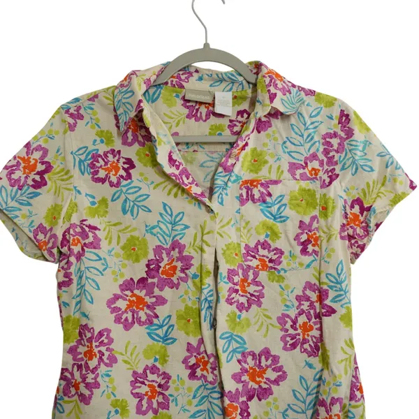 Fieldgear Womens Linen Blend Floral Button Up Shirt Short Sleeve Tropical Small‎ - Image 2