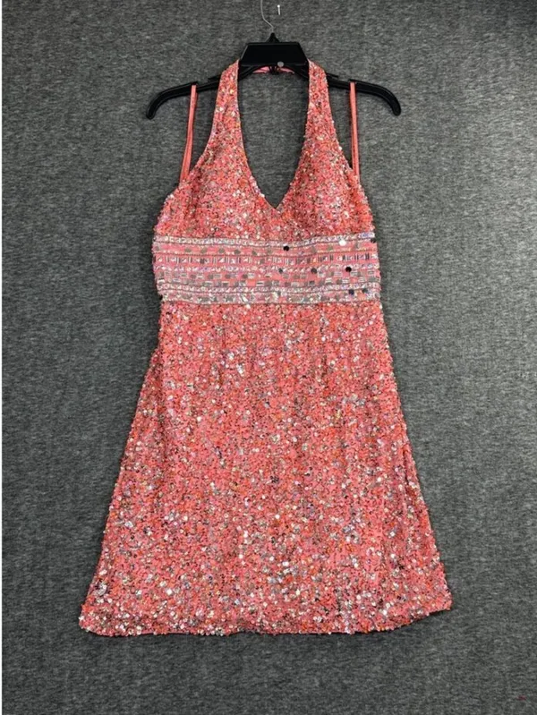 Vintage Y2K Scala Pink Beaded Sequin Halter Mini Dress 100% Silk Size 10 - Image 2