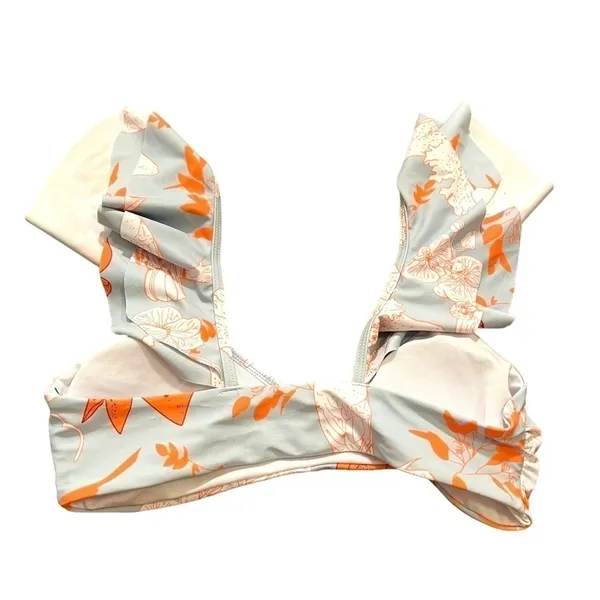 Womens Size Medium Bikini Top Light Blue White Orange Floral Birds Ruffle Straps - Image 5