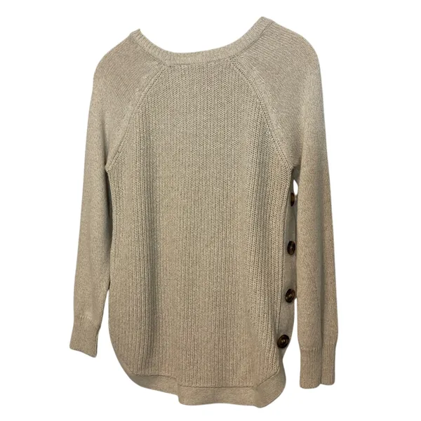 RD Style Knit Cotton Blend Cream Buttons Crew Neck Pullover Sweater Medium - Image 2