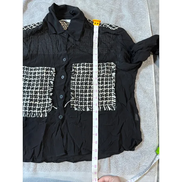 ZARA Black Sheer Blouse Black White Cream Tweed Pockets Button Up‎ Size Medium - Image 6