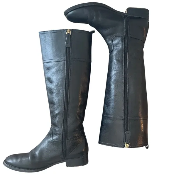 Tory Burch Kiernan Black Leather Riding Boots Gold Logo Knee High 7 - Image 5