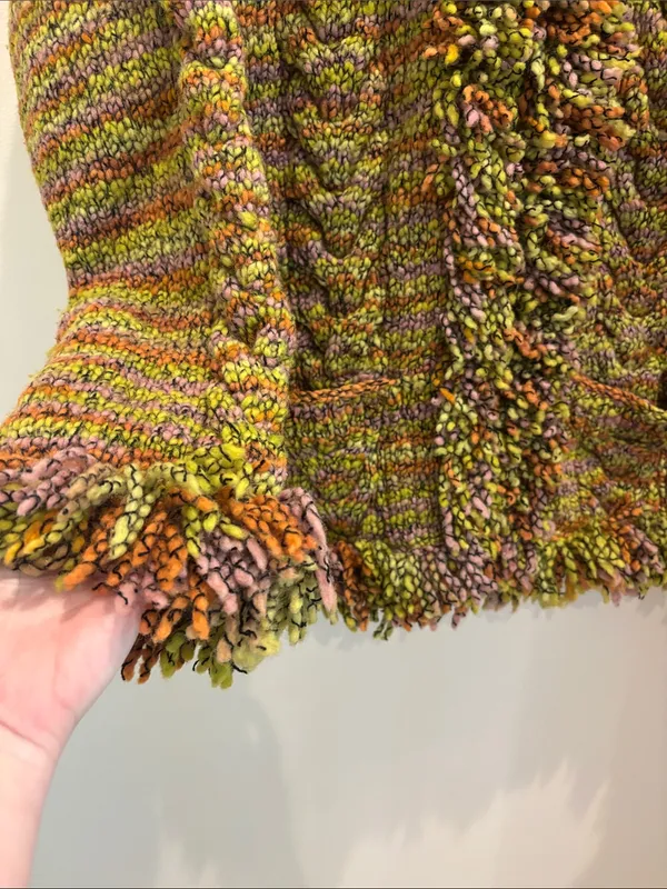 Native Knit Zip Cardigan 100% Wool Handmade Colorful Fringe Size Large - Image 2