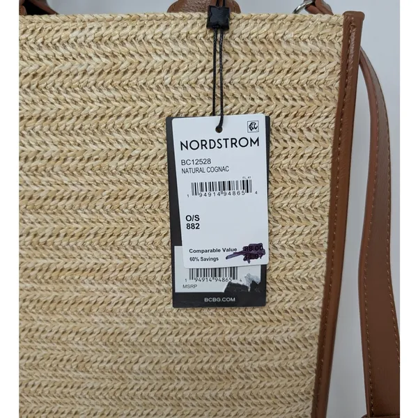 BCBG Straw Woven Tote Bag Natural Cognac Crossbody NWT - Image 3