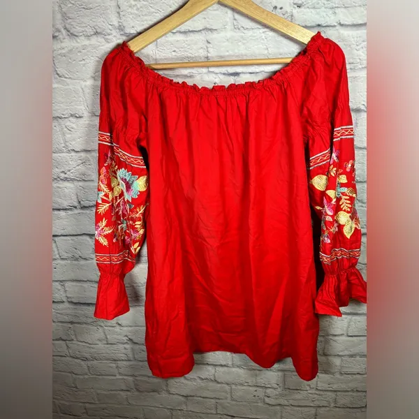 Free People Red Fleur Du Jour off the shoulder embroidered floral dress‎ small - Image 8