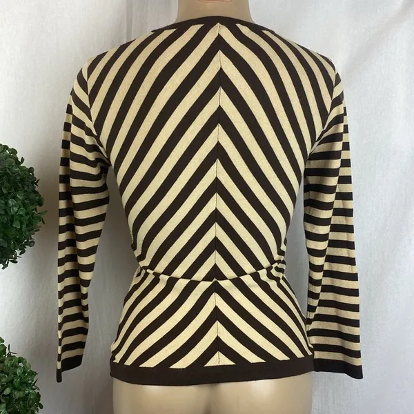 Rene Lezard Brown & Tan Chevron Striped V Neck Long Sleeve Knit Shirt Top XS - Image 3