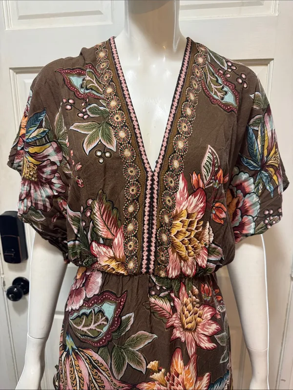 Farm Rio Anthropologie Valentina Brown Floral Maxi Dress In Brown Motif Size XS - Image 3
