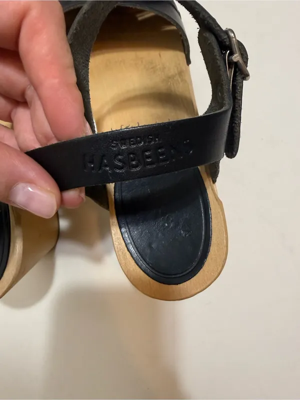 Swedish Hasbeens Black Leather Braided Heeled Clog Ankle Strap Sandal Size 7 - Image 4