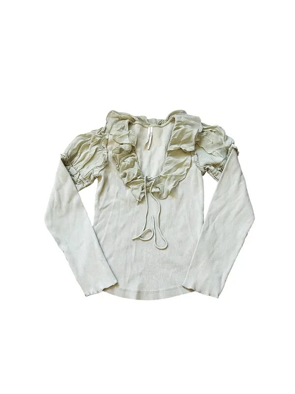 Anthropologie Ruffle V-Neck Puff Sleeve Top Victorian Romantic Feminine - Image 2