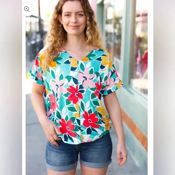 HAPTICS Teal & Coral Floral V Neck Top Super Soft Blouse Short Sleeve Tropical - Image 3
