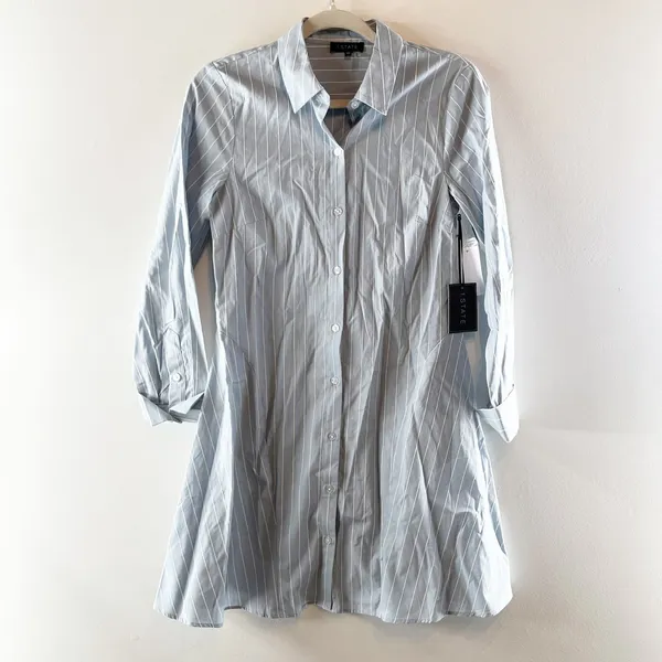 1.State Stripe Long Sleeve Cotton Button-Front Mini Shirtdress Blue Denim XS - Image 2