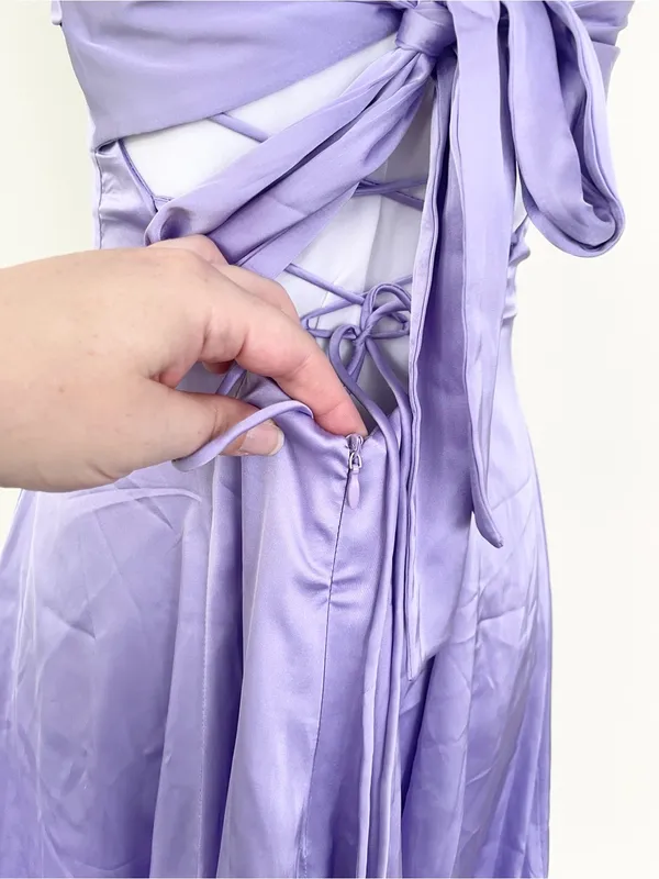Lucy in The Sky Lavender Purple Satin Strappy Midi Dress M Medium Back Bow - Image 5