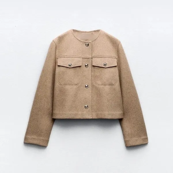 ZARA Cropped Jacket Light Brown Tan Gold Hammered Snaps Preppy Chic Small - Image 10