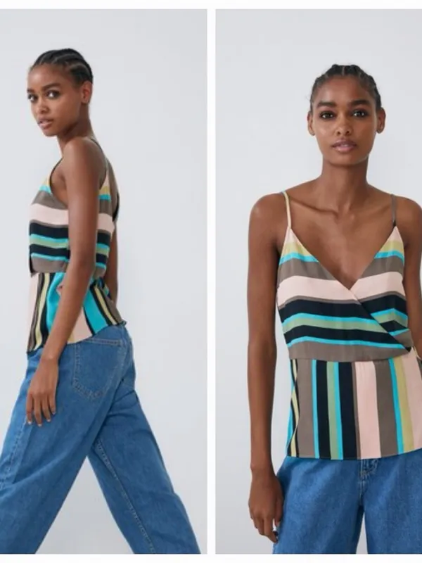 ZARA Women’s Multicolor Striped Asymmetrical Spaghetti Strap Tank Top, Size Med - Image 2