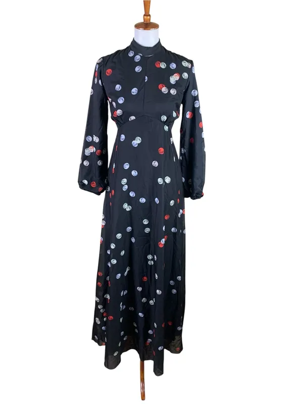 Annah Hariri Black Polka Dot Long Sleeve Maxi Dress US 6 Modest Flowy Boho - Image 2