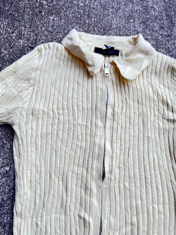 Forever 21 Ribbed Knit Zip Polo Cardigan Size S Cream - Image 3