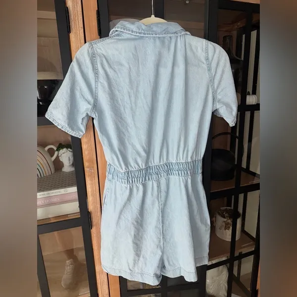 Zara denim playsuit romper utility button down short sleeve light wash pockets - Image 6