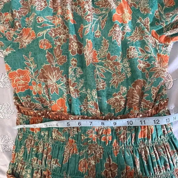 Current Air Los Angeles Green Floral Smocked Midi Dress Boho Velvet Trim Small - Image 8