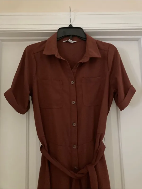 Women's Rust Collared Midi Shirt Dress with Waist Tie - Image 6