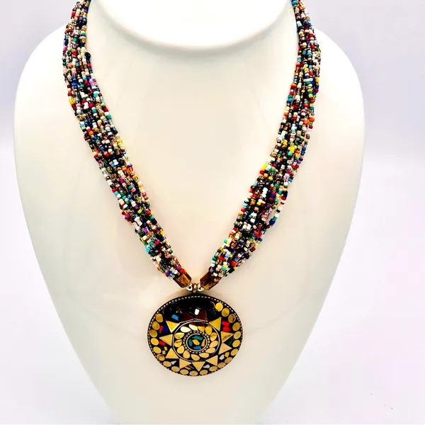 Tribal Beaded Statement Necklace Gold - Image 2