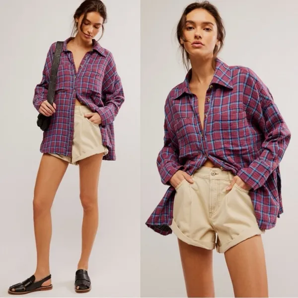 Free People Oversized Bohemian Grunge Cardiff Plaid Swing Top Shirt XL - Image 5
