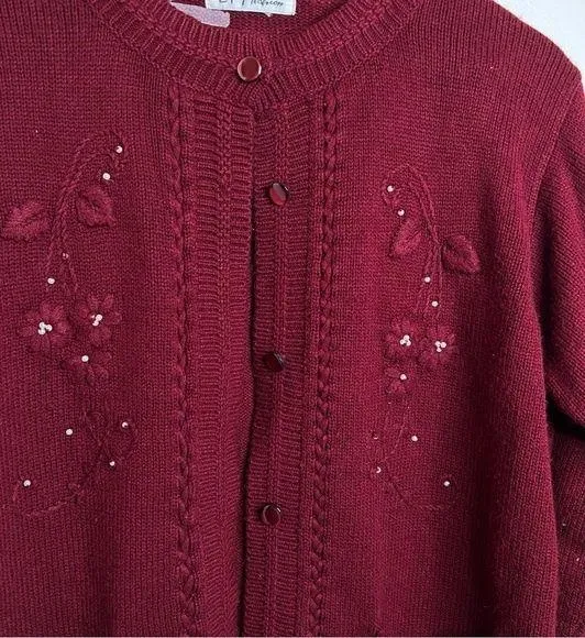 VTG Cardigan Sweater Maroon floral tonal embroidery Pearl bead details Grannycor - Image 2