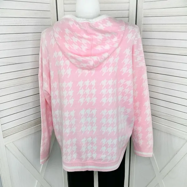 Crown & Ivy Houndstooth‎ Hooded Long Sleeve Poncho Sweater Pink White Large - Image 4