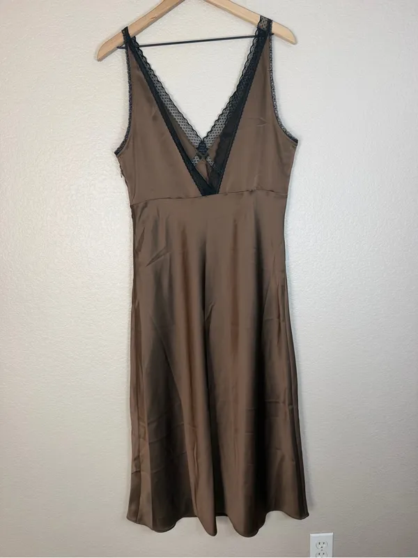 House Of Harlow 1960 Brown Satin Maxi Dress With Black Lace Trim size Large $198 - Image 7