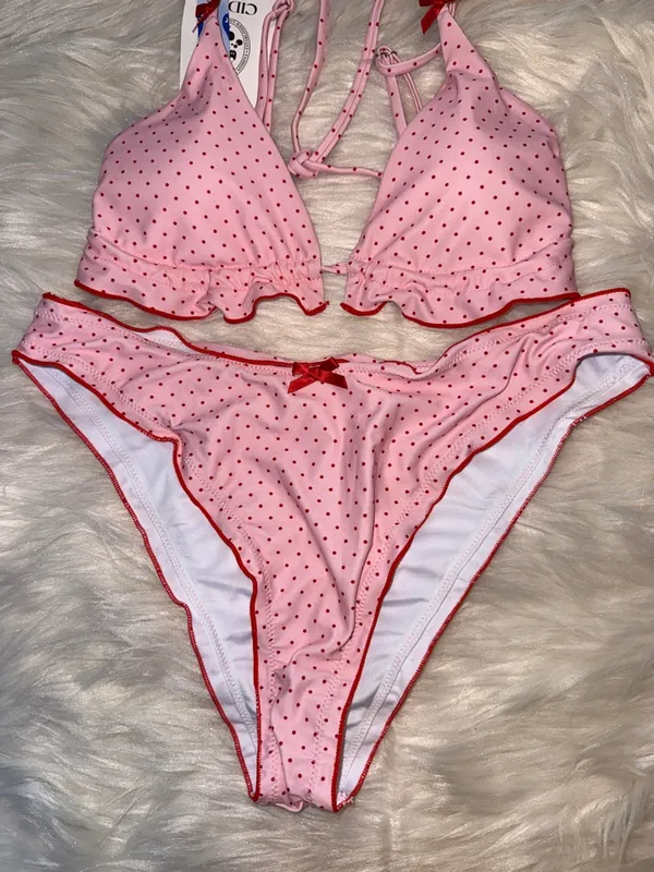CIDER Pink Polka Dot Ruffle Triangle Bikini Large NWT COQUETTE GIRLY FEMININE - Image 4