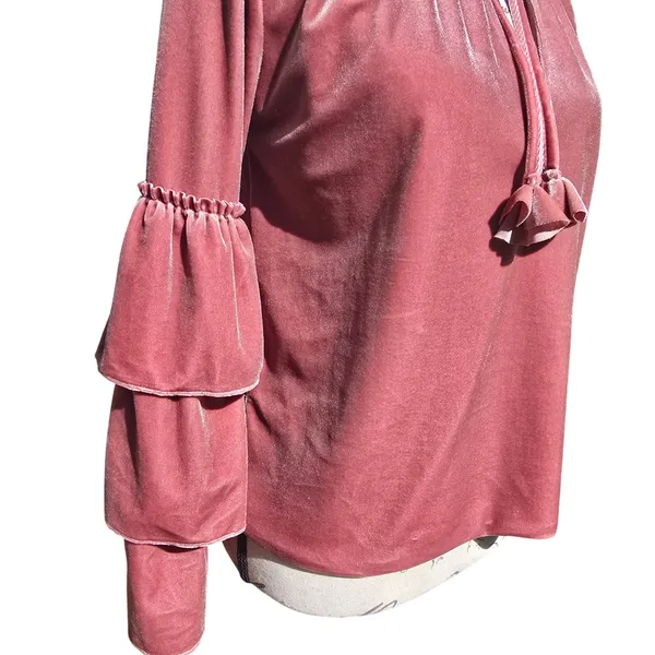 MISA‎ Los Angeles Harlow Top Dusty Rose Velvet Ruffle Sleeve Tassel Blouse Small - Image 4
