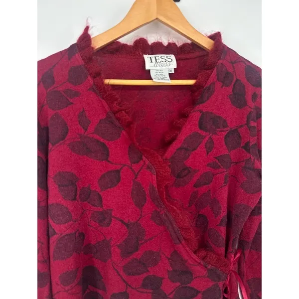 Tess‎ Dress Floral Wrap Sweater Y2K Size XL Silk Wool Blend Ruffle Red Romantic - Image 2