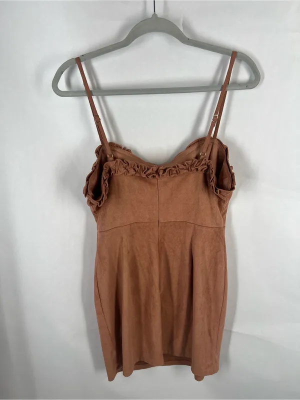 FIKA the BRAND Faux Suede Ruffle Mini Dress Brown Size L - Image 2