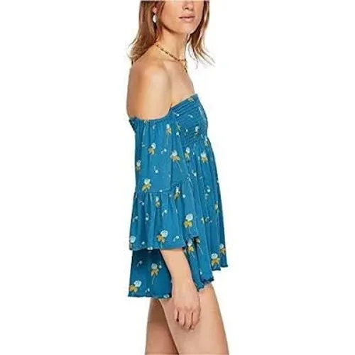 Free People Top Size S Blue Smocked Off-The-Shoulder Floral Bell Sleeve Boho‎ - Image 4