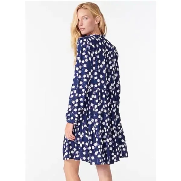 J Crew Dress Womens Purple Navy Scattered Peony Floral Tie Neck Tiered SZ M - Image 2