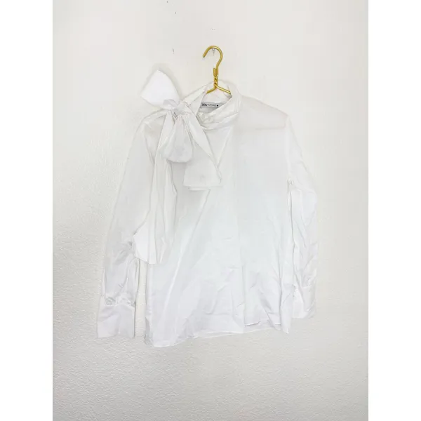 Zara White Poplin Tie Neck Oversized Blouse Size Small 8775/545 Chic Preppy - Image 4